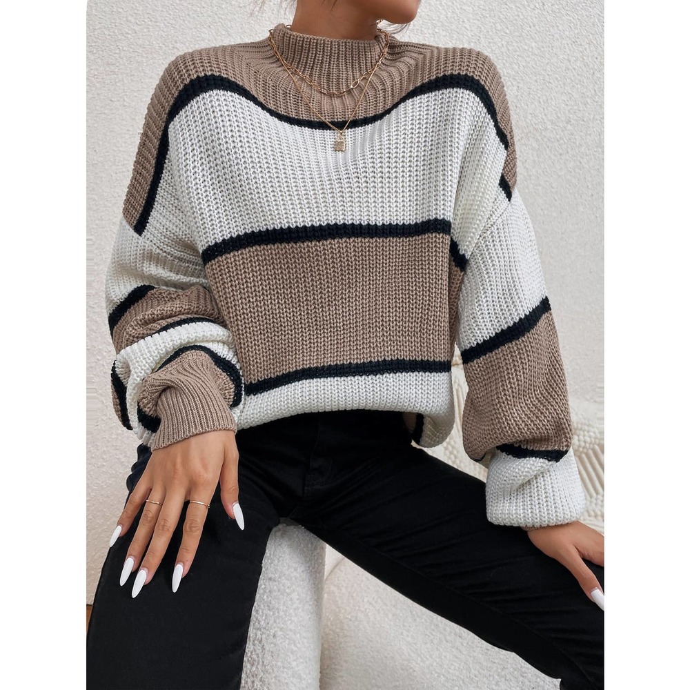 Color Block striped Mock Neck oversized Sweater tan white black - Picture 6 of 6